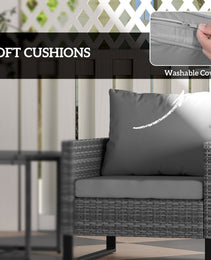 3PCS Patio Set, Wicker Bistro Set With Cushions, Rattan Chairs, Glass Coffee Table For Backyard, Porch, Balcony, Gray