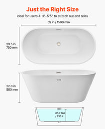 Acrylic Freestanding Bathtub, 59 Inch Contemporary Soaking White Tub With Brushed Nickel Overflow And Drain, Elegant Oval Shape Stand Alone Soaker Tub For Modern Bathroom Or Remodel Projects