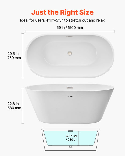 Acrylic Freestanding Bathtub, 59 Inch Contemporary Soaking White Tub With Brushed Nickel Overflow And Drain, Elegant Oval Shape Stand Alone Soaker Tub For Modern Bathroom Or Remodel Projects