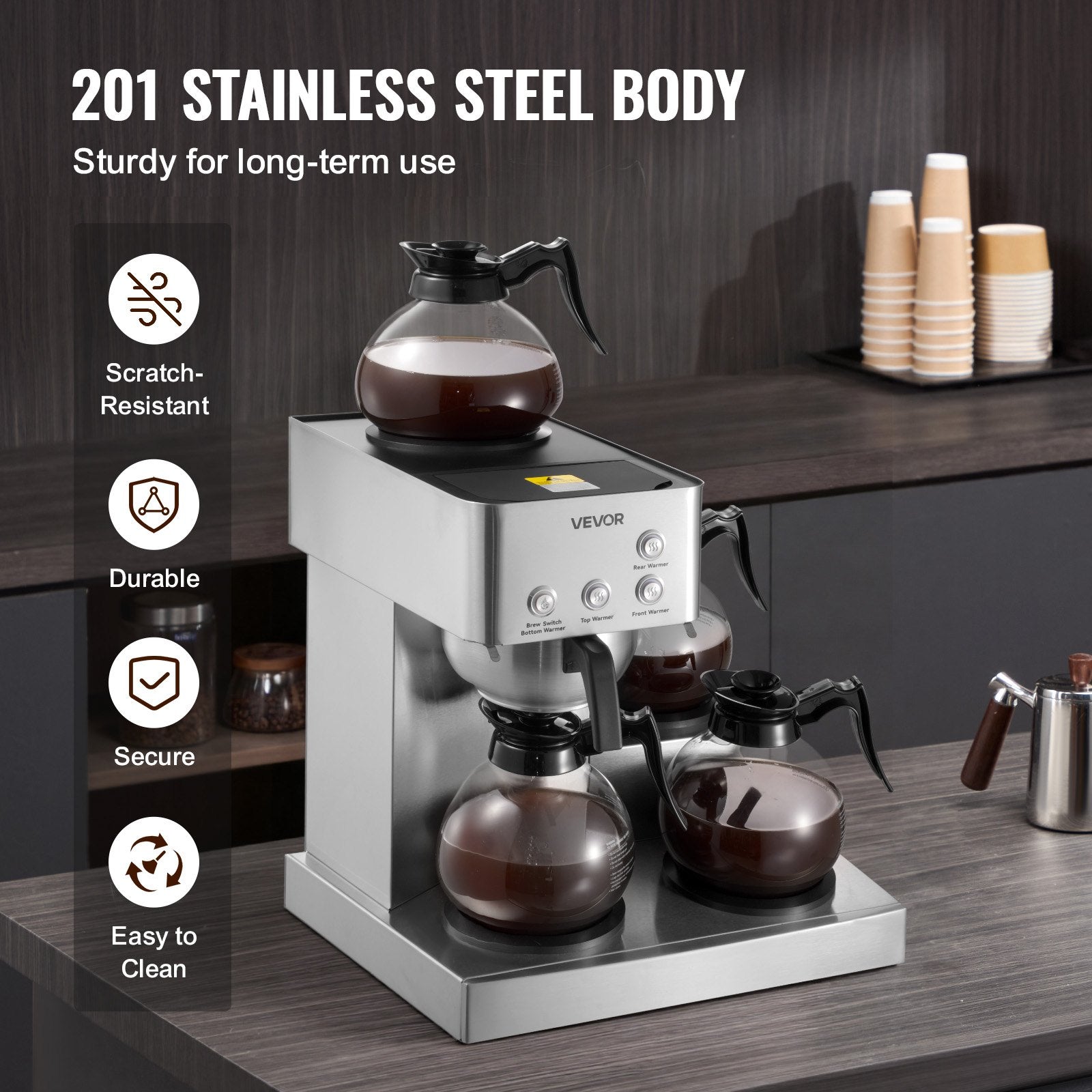 4-Station Commercial Coffee Brewer – 6-Minute Rapid Brew with Quad Warming Plates & 4 Carafes