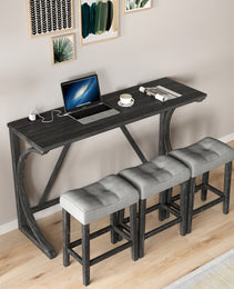 Bar Table Set With Power Outlet, Bar Table And Chairs Set, 4 Piece Dining Table Set, Industrial Breakfast Table Set, For Living Room, Dining Room, Game Room