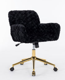 A&A Furniture Office Chair,Artificial Rabbit Hair Home Office Chair With Golden Metal Base,Adjustable Desk Chair Swivel Office Chair,Vanity Chair Black