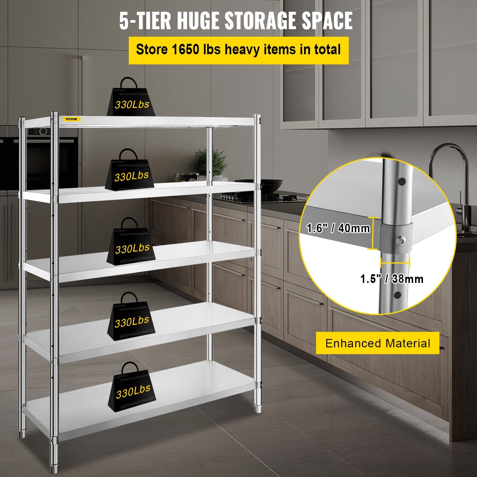 Stainless Steel Shelves 48x18.5 Inch 5 Tier Adjustable Shelf Storage Unit Stainless Steel Rack Shelving Heavy Duty Shelving For Kitchen Commercial Office Garage Storage 330lb Per Shelf