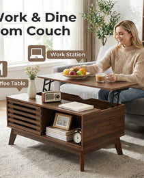 Lift Top Coffee Table With Storage, Mid Century Modern Coffee Table With Slatted Sliding Door And Hidden Compartment, 35.4 Coffee Table With Lifting Top, Coffee Tables For Living Room, Walnut