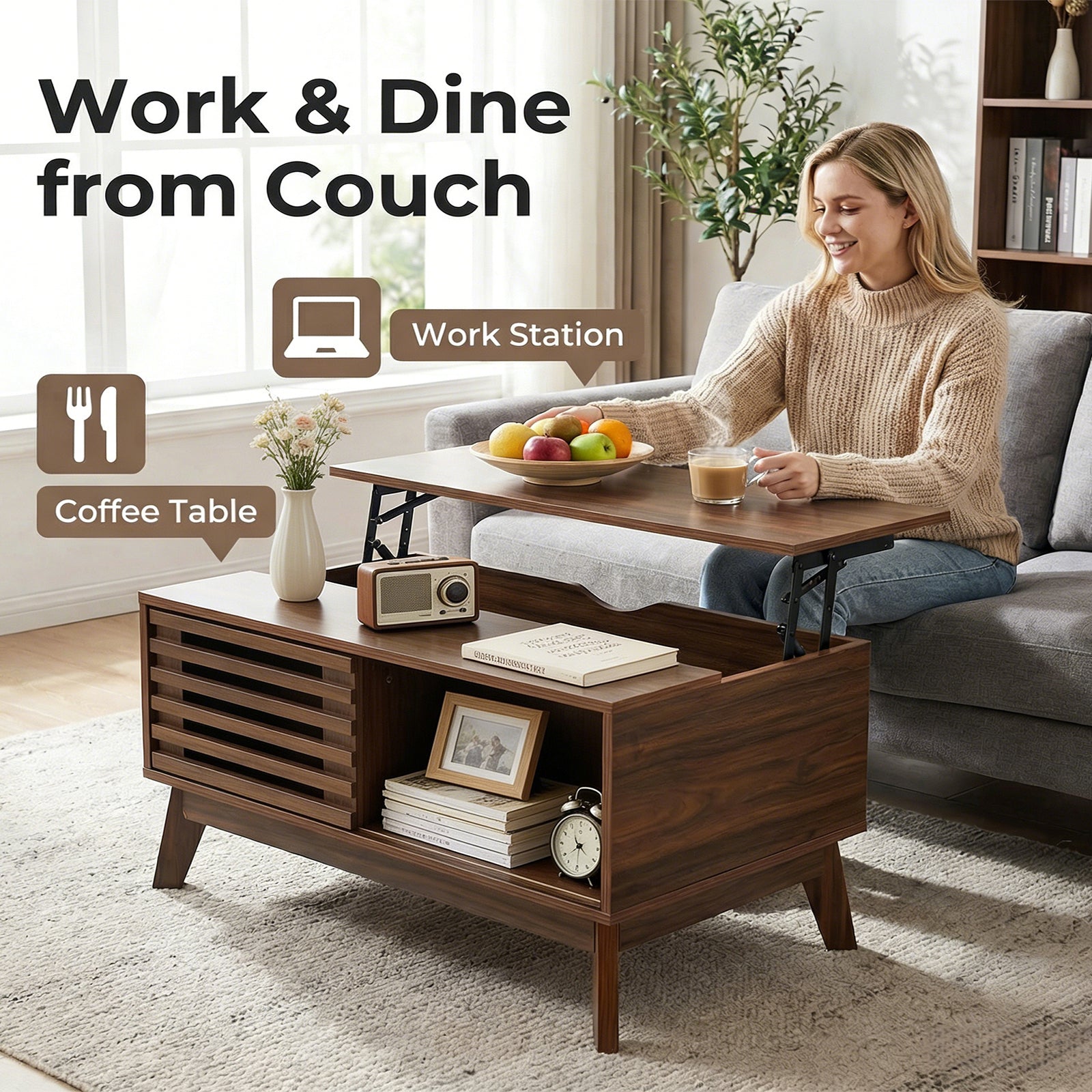 Lift Top Coffee Table With Storage, Mid Century Modern Coffee Table With Slatted Sliding Door And Hidden Compartment, 35.4 Coffee Table With Lifting Top, Coffee Tables For Living Room, Walnut