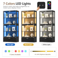 66 Display Cabinet with Glass Doors for Living Room, MDF Wood in Matte Black, 7-Color LED Lights and Fluted Drawer