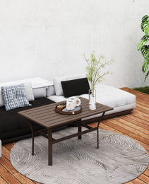 Outdoor Coffee Table with Slatted Tabletop, All-Weather Rectangle Metal Patio Coffee Table for Garden, Brown