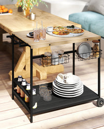 Outdoor Bar Cart Patio Serving Cart with Wine Holders Natural