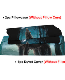 Moon Wolf Bedding Green Watercolor Forest Wolf Landscape Duvet Cover Sets 3 Pieces Wild Animal Bedding Set Twin Full Queen King Size