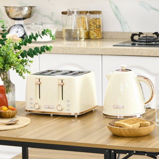 Beige Honeycomb Breakfast Set: 1.7L Rapid-Boil Kettle & 4-Slice Toaster – Designer Matching Duo