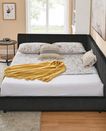 Queen Size Upholstered Tufted Bed Frame, Sofa Bed Frame With Comfortable Backrest And Armrests, Queen Size Bed For Bedroom, Living Room,Velvet, BLACK 85.5x64.5x30.5