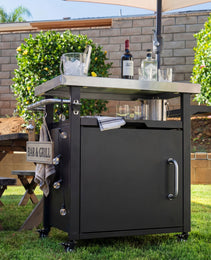 K&K 39.5  Outdoor Grill Cart With Storage Cabinet, Outdoor Bar Cart Pizza Oven Table With Wheels, Stainless Steel Top, Outdoor Kitchen Island With Spice & Paper Rack For BBQ, Waterproof Cover Included