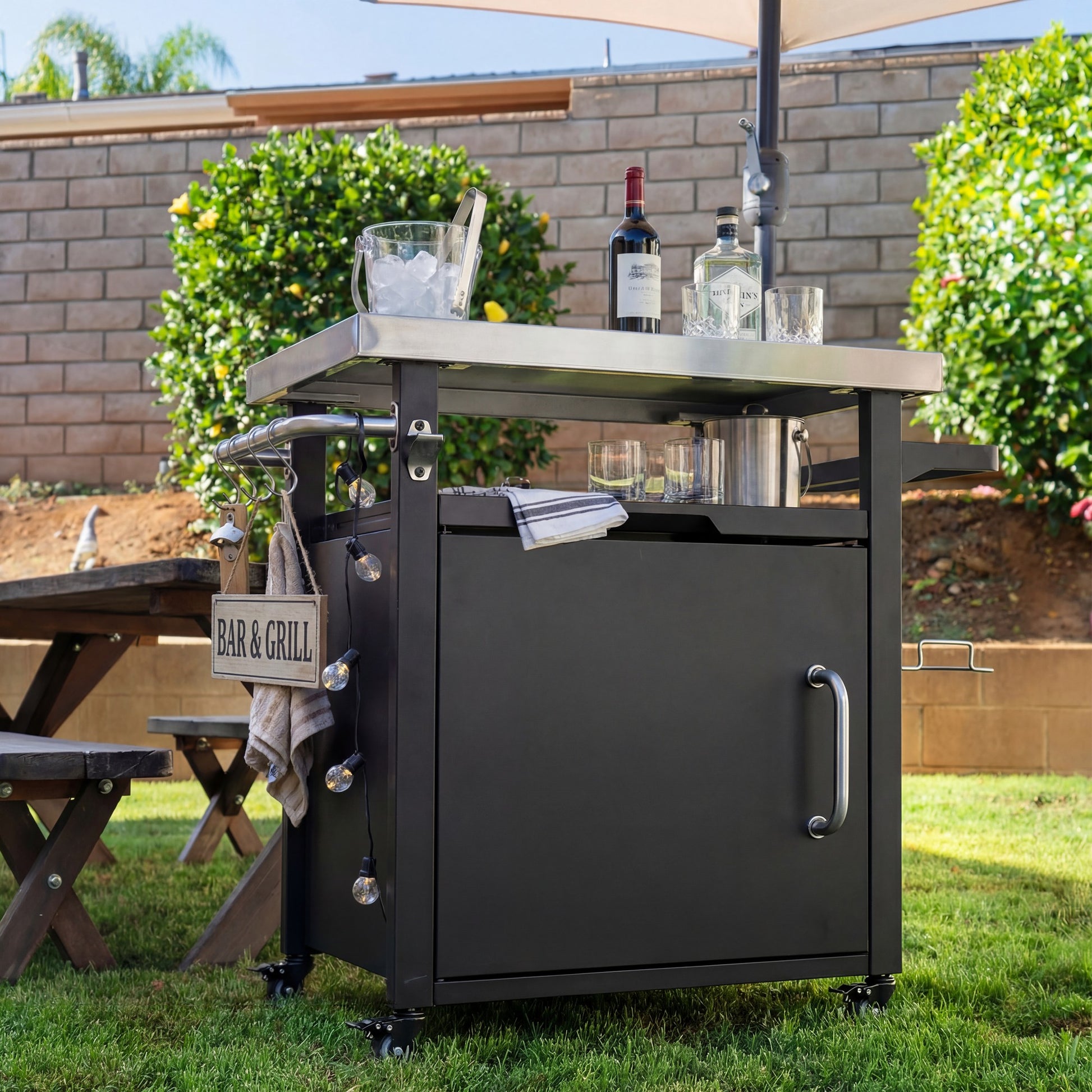 K&K 39.5  Outdoor Grill Cart With Storage Cabinet, Outdoor Bar Cart Pizza Oven Table With Wheels, Stainless Steel Top, Outdoor Kitchen Island With Spice & Paper Rack For BBQ, Waterproof Cover Included