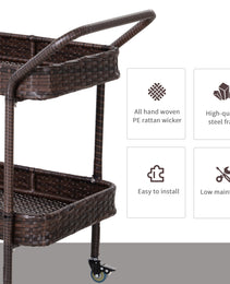 PE Rattan Outdoor Bar Table, Outdoor Kitchen Island With 2-Tier Shelf, Wheeled Patio Serving Cart With Brakes For Poolside, Garden, Brown