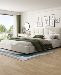 King Size Boucle Bed Frames, Upholstered Platform Bed With Curved Tufted Headboard, Soft Square Corners, Beige