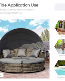 4-Piece Round Convertible Daybed with Cushions, Outdoor PE Rattan Patio Wicker Sofa Set, Sunbed with Adjustable Sun Canopy, Sectional Sofa, 2 Chairs, Table, 3 Pillows, Dark Gray