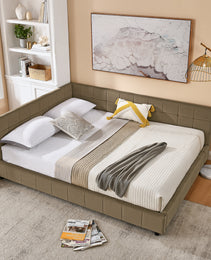 Queen Size Upholstered Tufted Bed Frame, Sofa Bed Frame With Comfortable Backrest And Armrests, Queen Size Bed For Bedroom, Living Room,Velvet, Brown 85.5x64.5x30.5