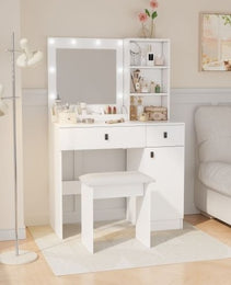 Vanity Desk With Lights, Vanity Set With Mirror, Makeup Vanity Desk With Large Drawers  Three Level Storage Dreeser, VanitysVanities With 3 Lights Brightness Adjustable For Bedroom, White