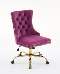 A&A Furniture Office Chair,Modern Velvet Upholstered Tufted Button Home Office Chair With Golden Metal Base,Adjustable Desk Chair Swivel Office Chair Purple