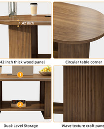 Oval Fluted Coffee Table, 47 Farmhouse Wood Coffee Table, Mid-Century 2-Tier Coffee Table With Storage Shelf, Accent Center Table With Dual Base, Boho Living Room Tables For Living Room Office,Walnut