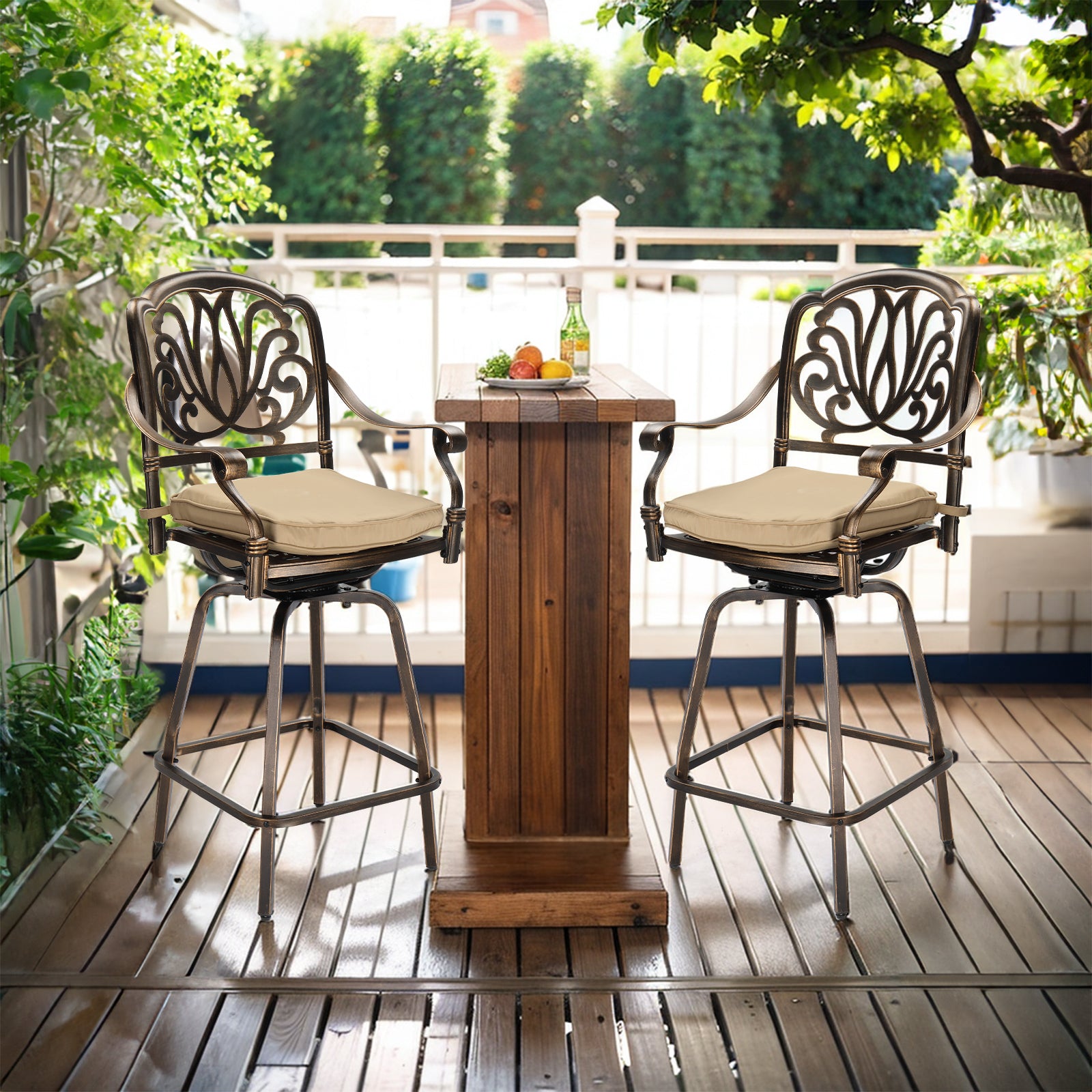 2pcs Bronze Color, Beige Cushion, Cast Aluminum Bar Stool