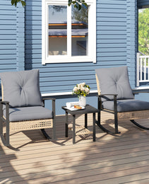 3 Pieces Bistro Set, Patio Wicker Furniture Set with Button Tufted Cushions, Rattan Rocking Chairs, Coffee Table, Gray