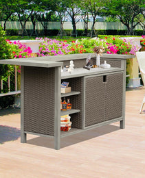 Patio Bar Table, Outdoor Aluminum PE Wicker Bar Cart With Cabinet, All Weather Use Storage Patio Cabinet For Patio Kitchen Or Bar Cart, Wood Grain
