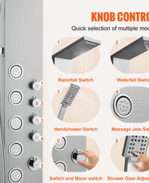 Shower Panel System, 4 Shower Modes Shower Panel Tower, Rainfall, Waterfall, 5 Full Body Massage Jets And 3-Setting Handheld Shower Head With 59" Hose, Stainless Steel Wall-Mounted Shower Set