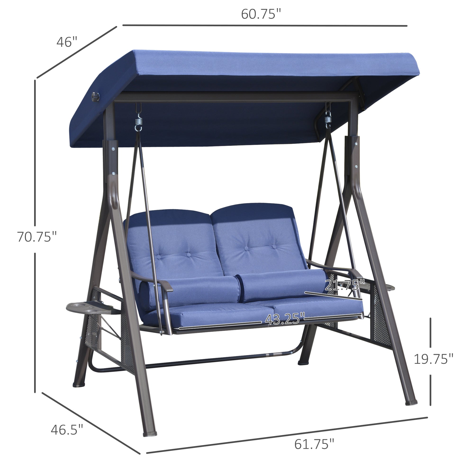 2-Person Patio Swing Bench With Adjustable Shade Canopy, Soft Cushions, Throw Pillows And Tray, Dark Blue