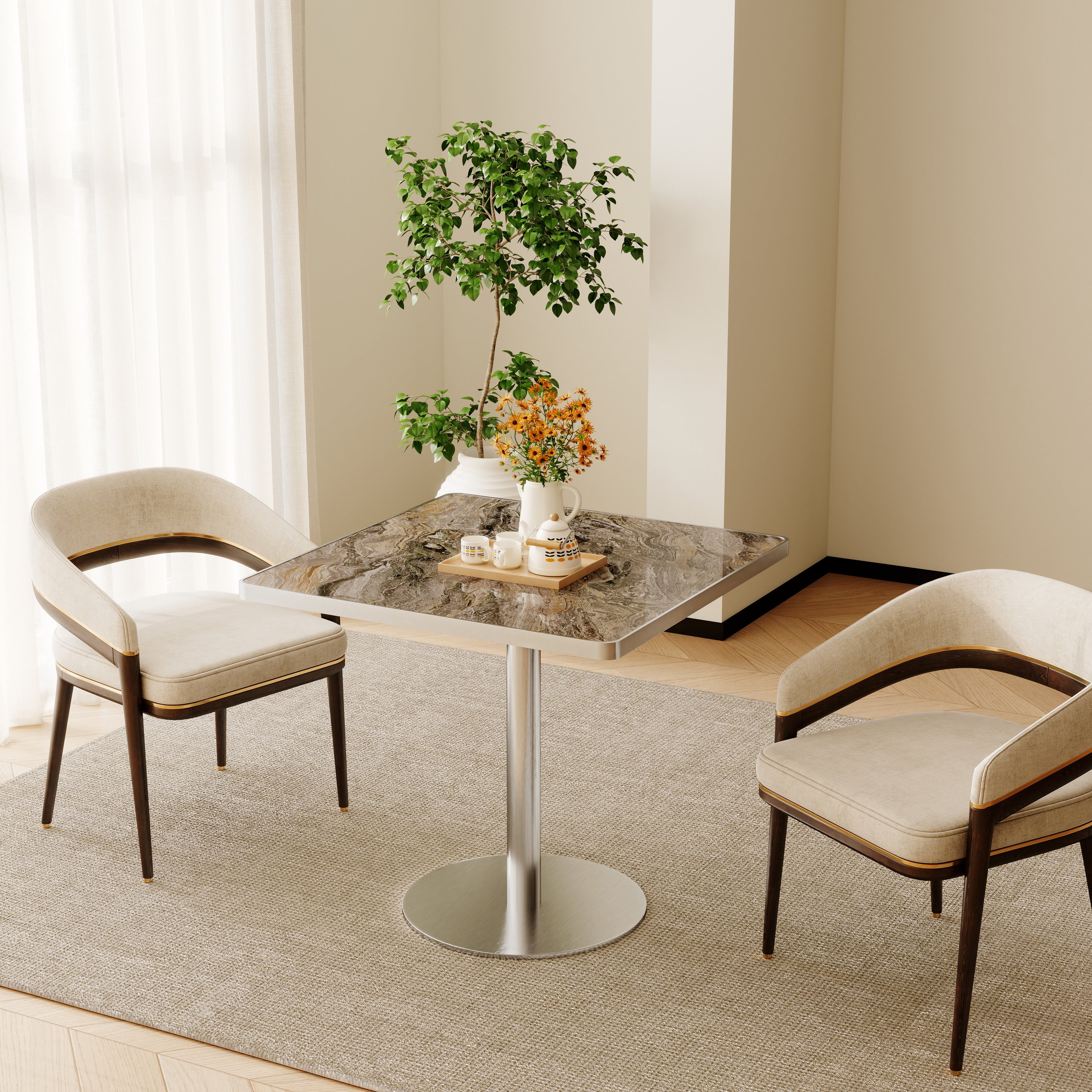 Square Modern Dinning Table 31.5 Inches Bistro Table Tulip Table With Faux Marble Top,Easy Assemble,Sturdy Metal Frame Diameter