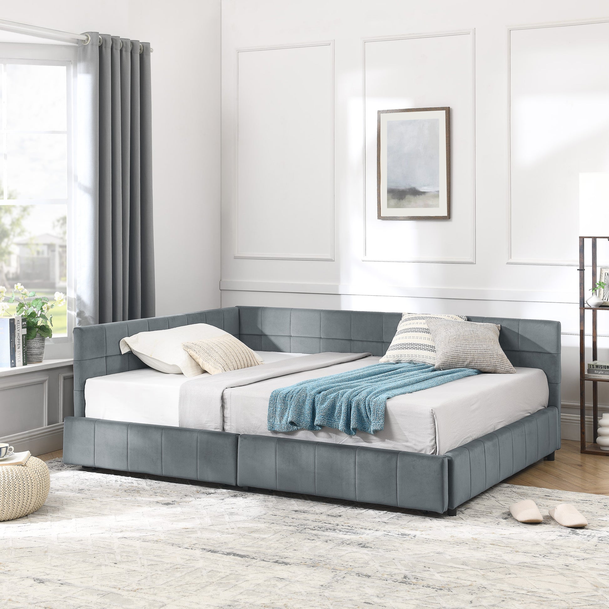 Full Size Storage Upholstered Tufted Bed Frame, Sofa Bed Frame With Comfortable Backrest And Armrests, Full Size Bed For Bedroom, Living Room,Velvet, GREY 80.5x59x29.5