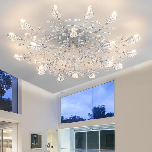 Modern Crystal Ceiling Light Fixture,Semi Flush Mount Chandeliers,Crystal Leaf Ceiling Light, Chandeliers for Dining Room,Living Room,Bedroom (Silvery, 18-Lights)