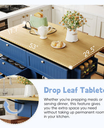Available TOPMAX Farmhouse Kitchen Island With Drop Leaf And 2 Seatings, Kitchen Table Set With Storage Cabinet, Drawers, Door Shelves And Power Outlet, Blue
