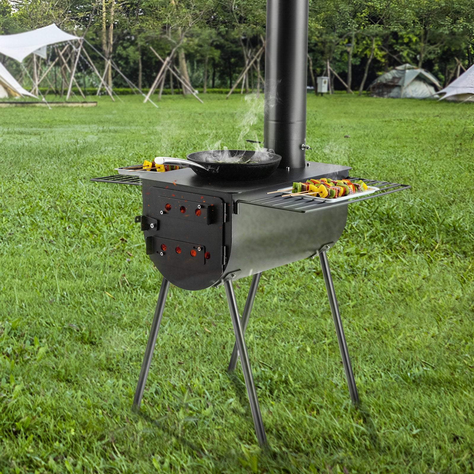 Wood Stove, 118 Inch, Alloy Steel Camping Tent Stove, Portable Wood Burning Stove With Chimney Pipes & Gloves, 3000in³Firebox Hot Tent Stove For Outdoor Cooking And Heating With 8 Pipes