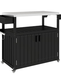 Outdoor Bar Cart with Storage, Stainless Steel Outdoor Bar Table Top, Wheeled HDPE Kitchen Island for Food Prep, Black