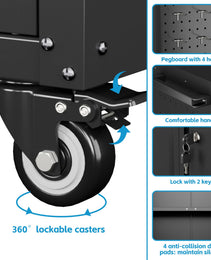 SUXXAN Metal Storage Cabinet With Wheels, Rolling Storage Cabinet With 2 Doors And Adjustable Shelves, Pegboard And 4 Hooks, Suitable For Garage, Home, Office, School, Black