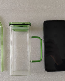 1 Pcs Green Glass Straw Cup, 6 Colors Square Glass Cup With Straw And Lid, High Borosilicate Glass Cup, Milk Cup, Juice Cup, Cold Drink Cup, Coffee Cup, Tea Cup, Office Cup, Gift Cup