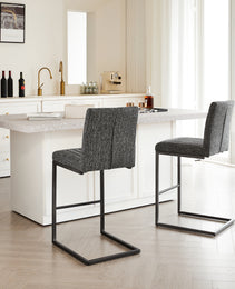 Bar Stool - Speckled Gray Textured Fabric With Vertical Tufted Backrest    Sturdy Black Metal Frame & Footrest For Kitchen Island & Home Bar 2 Sets
