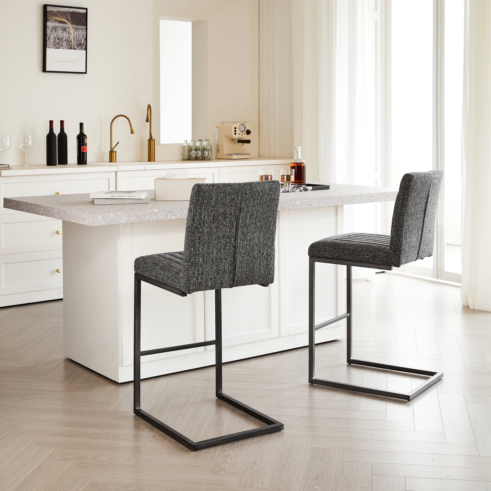 Bar Stool - Speckled Gray Textured Fabric With Vertical Tufted Backrest    Sturdy Black Metal Frame & Footrest For Kitchen Island & Home Bar 2 Sets