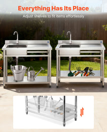 39" Stainless Steel Utility Sink Station – NSF-Certified Commercial Single Bowl with Workstation & Adjustable Storage