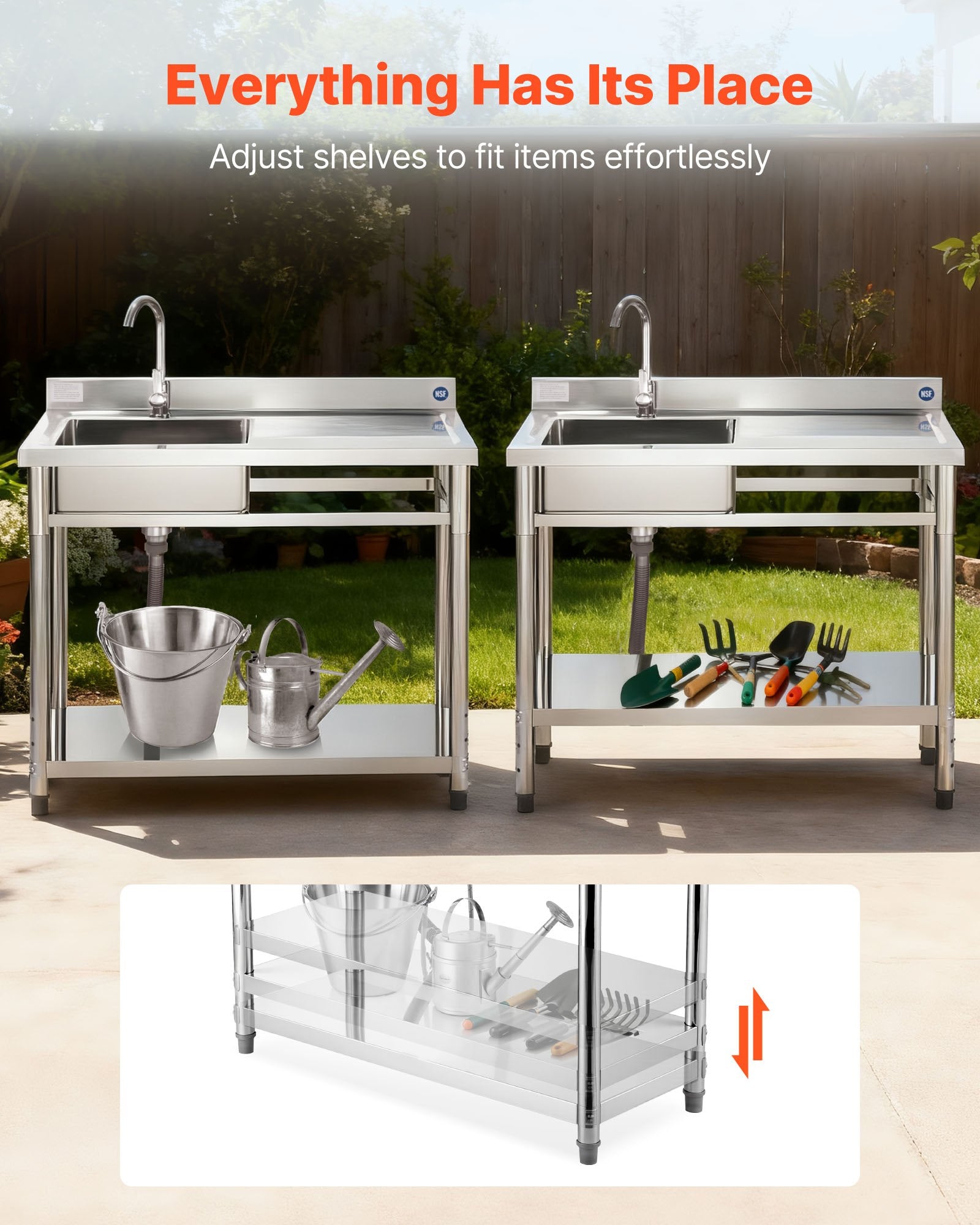 39" Stainless Steel Utility Sink Station – NSF-Certified Commercial Single Bowl with Workstation & Adjustable Storage