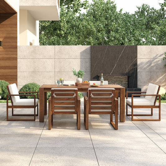 TREXM Patio Table And Chairs Set  Outdoor Dining Set For 6 With Umbrella Hole  7 Piece Outdoor Patio Furniture Set Wood Frame With Removable Cushion For Garden  Backyard  Lawn  And Poolside