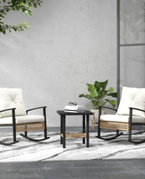 3 Pieces Bistro Set, Patio Wicker Furniture Set with Button Tufted Cushions, Rattan Rocking Chairs, Coffee Table, White