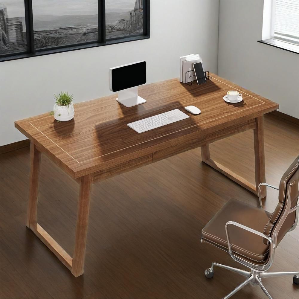 Home Office Executive Desk: 55 Inches Wooden Computer Desk With Drawer, Mid-Century Modern Study Writing Table