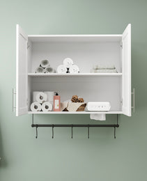 Bathroom Wall Cabinet With Adjustable Shelf, Towel Bar, 5 Hooks, Over The Toilet Storage Cabinet For Bathroom, Kitchen, White