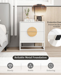 Modern Mid Century Fluted Nightstand With 2 Drawers And Pine Wood Handles For Bedroom