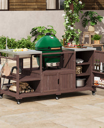 K&K 75.4  Outdoor Kitchen Island With Sink, Solid Wood Outdoor Grill Cart For XL Green Egg Grills, Rolling Outdoor Bar Cart With Stainless Steel Top, For Pizza Prep & BBQ, Brown