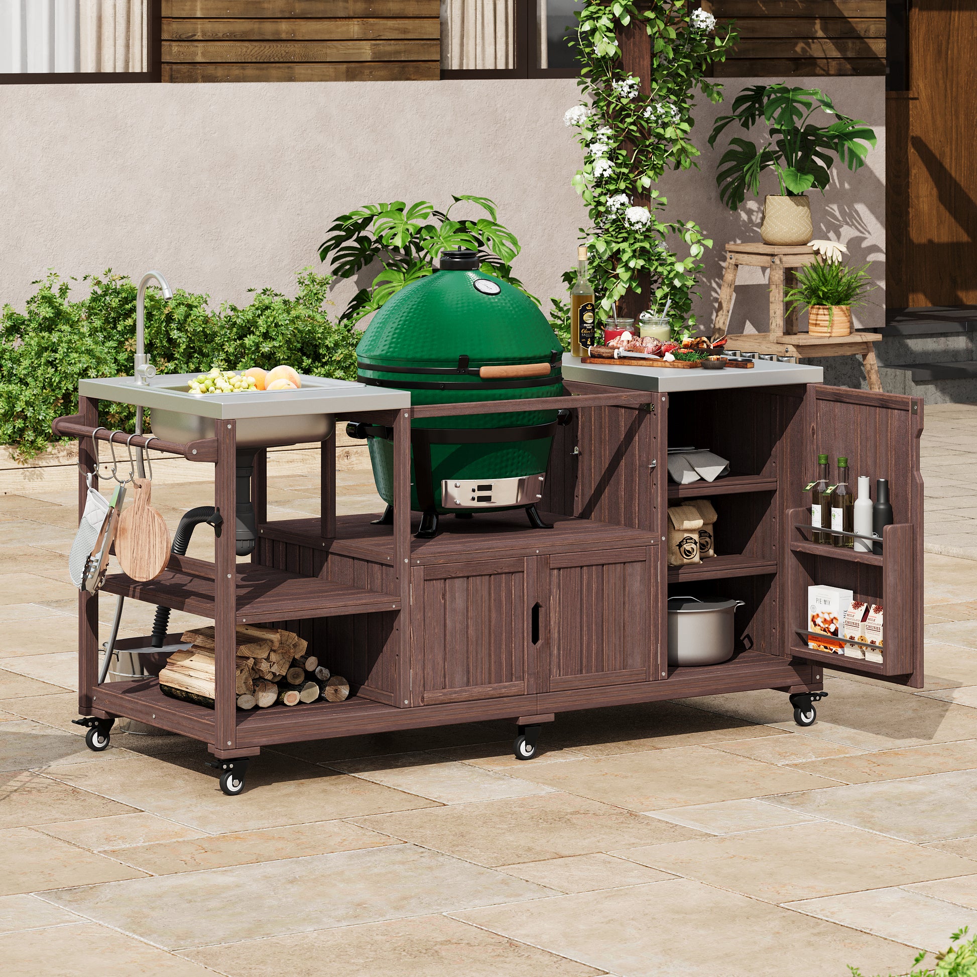 K&K 75.4  Outdoor Kitchen Island With Sink, Solid Wood Outdoor Grill Cart For XL Green Egg Grills, Rolling Outdoor Bar Cart With Stainless Steel Top, For Pizza Prep & BBQ, Brown