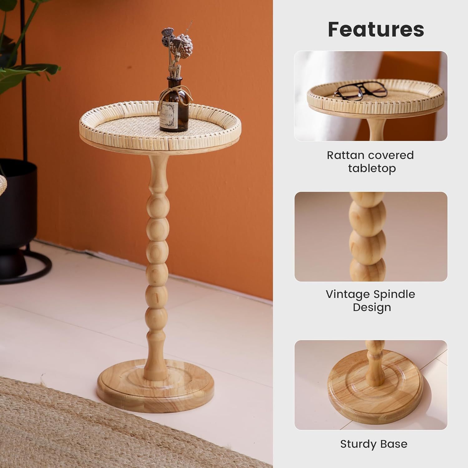 Wooden Coffee Table Round Rattan Side Table Living Room Coffee