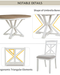 TREXM 5-Piece Retro Functional Dining Table Set Extendable Round Table And 4 Upholstered Chairs For Dining Room And Living Room  Brown Antique White